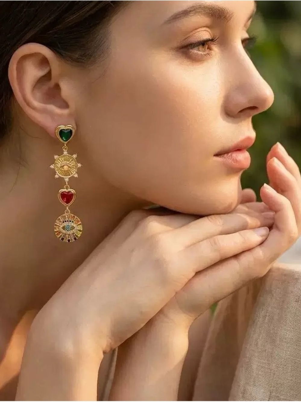 Anthropologie Gold-Tone Multi-Color Evil Eye Drop Earrings with Red Heart - Picture 3 of 3